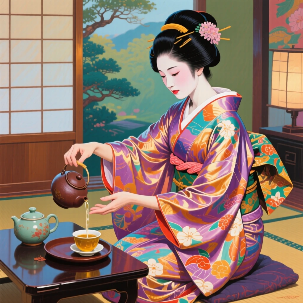 A traditional tea ceremony in Kyoto, a woman in a silk kimono pouring tea with graceful precision