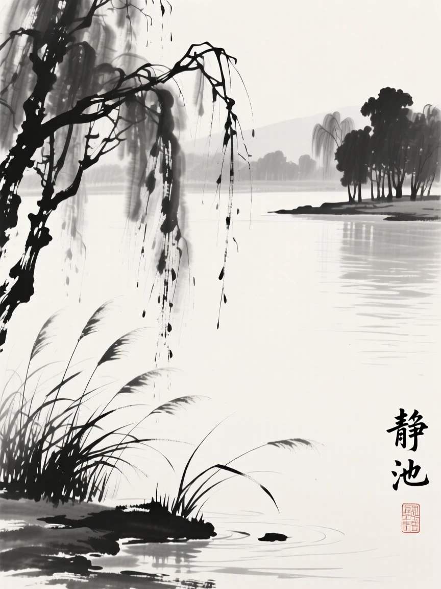 a calm lagoon surrounded by weeping willows, with reeds swaying gently along the water's edge.