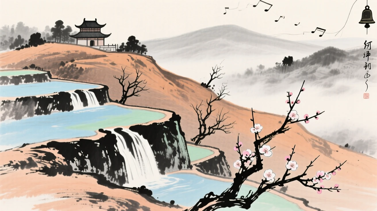 A series of terraced pools cascading down a hillside, with distant temple bells barely audible on the wind, in the soft light of late afternoon, as the last plum blossoms cling to bare branches.