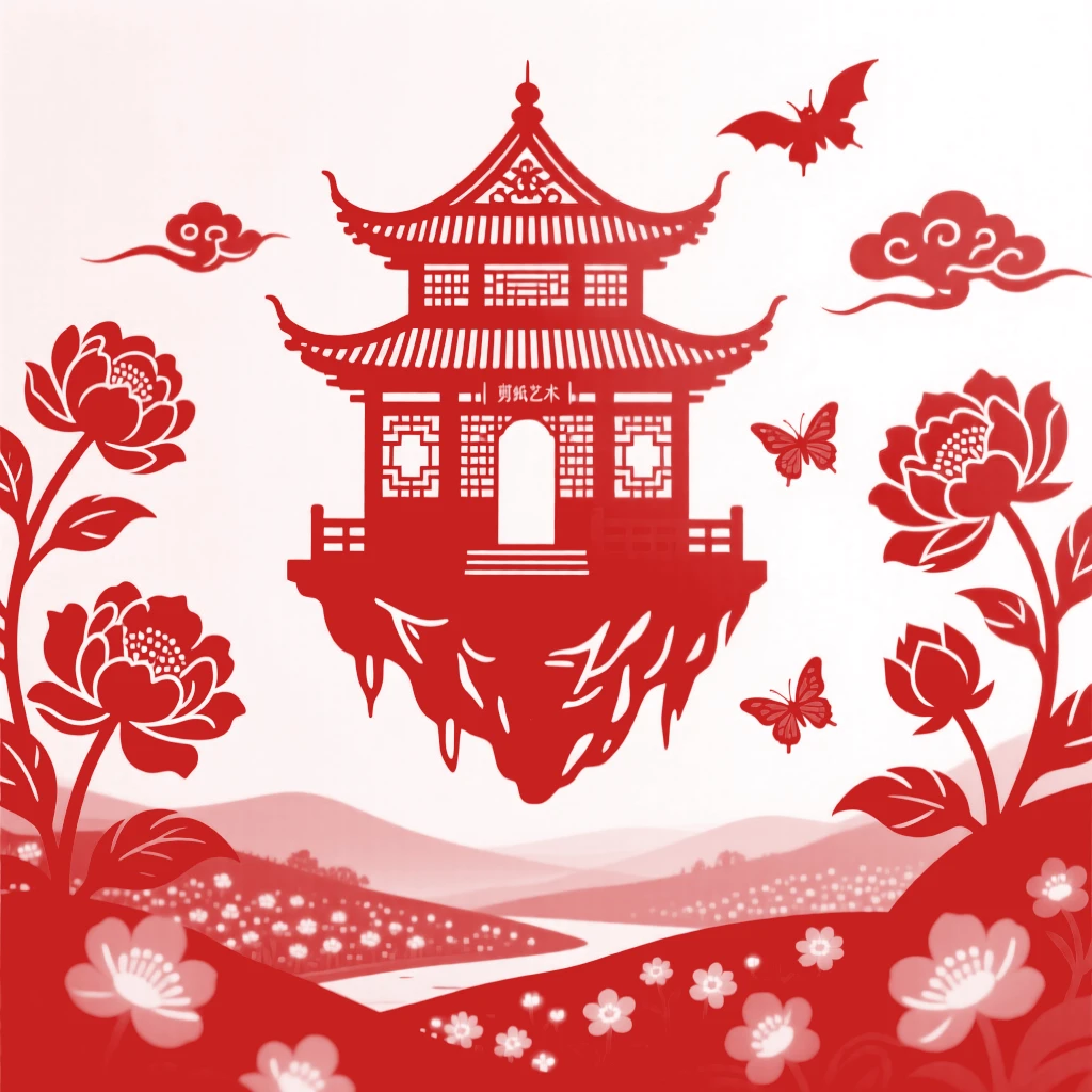 A floating island temple, cradled within a valley of luminous flowers, radiating an otherworldly calm.