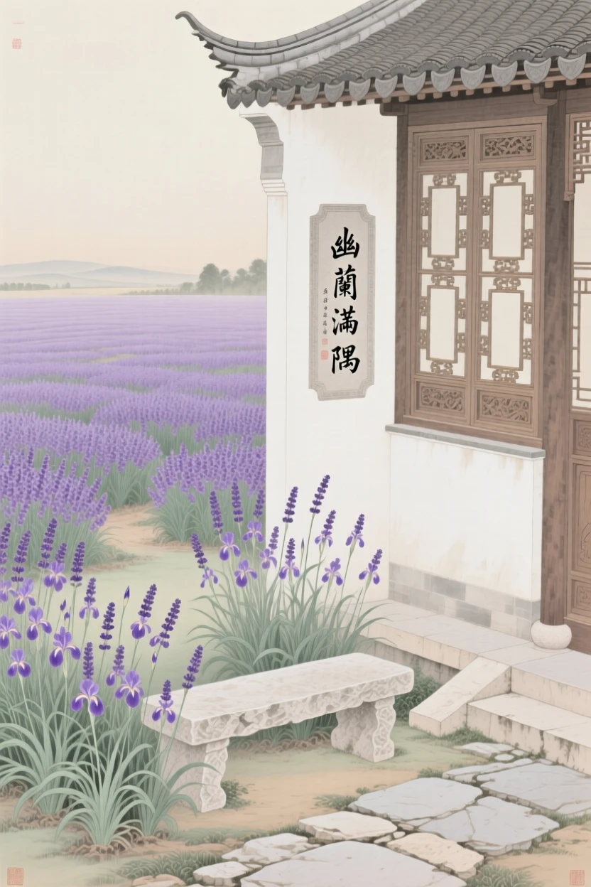 Lavender fields stretching to the horizon in the corner of a quiet scholar's courtyard