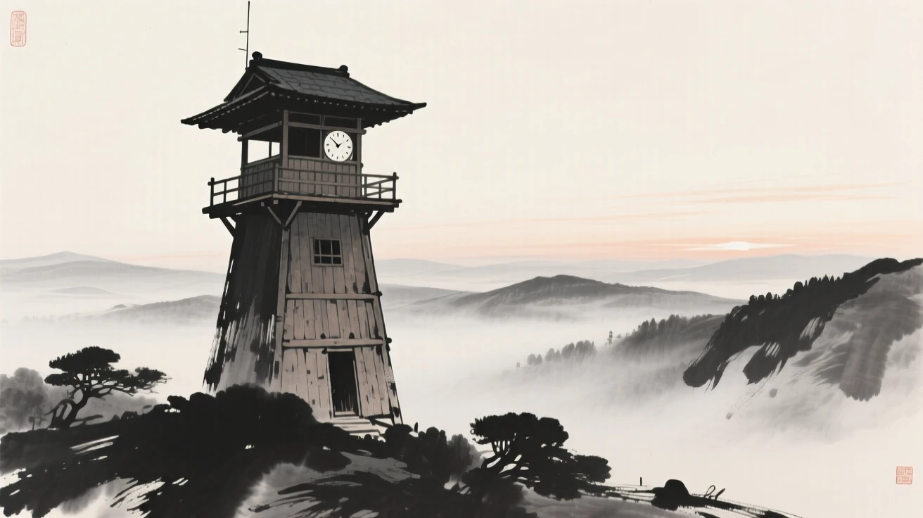 A wooden watchtower overlooking a valley surrounded by drifting mist at dawn, viewed from below to emphasize its quiet grandeur, suggesting timeless craftsmanship and peaceful tradition.