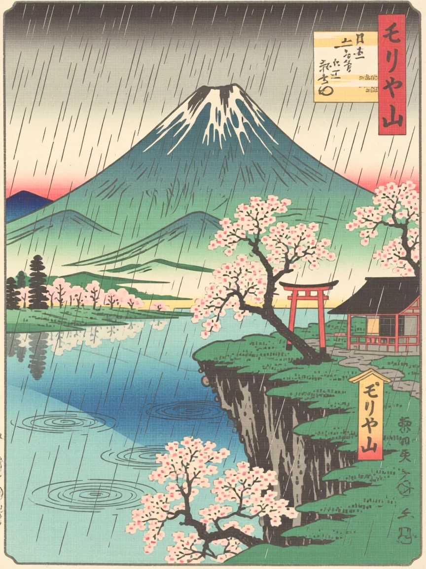 A sacred mountain crag, overlooking a still alpine lake, during a gentle spring rain.