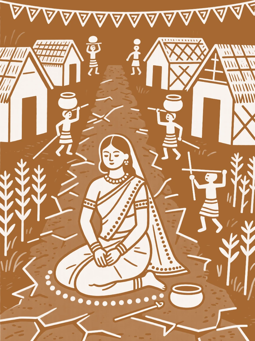 A young bride preparing for a community feast along a dirt path lined with huts.