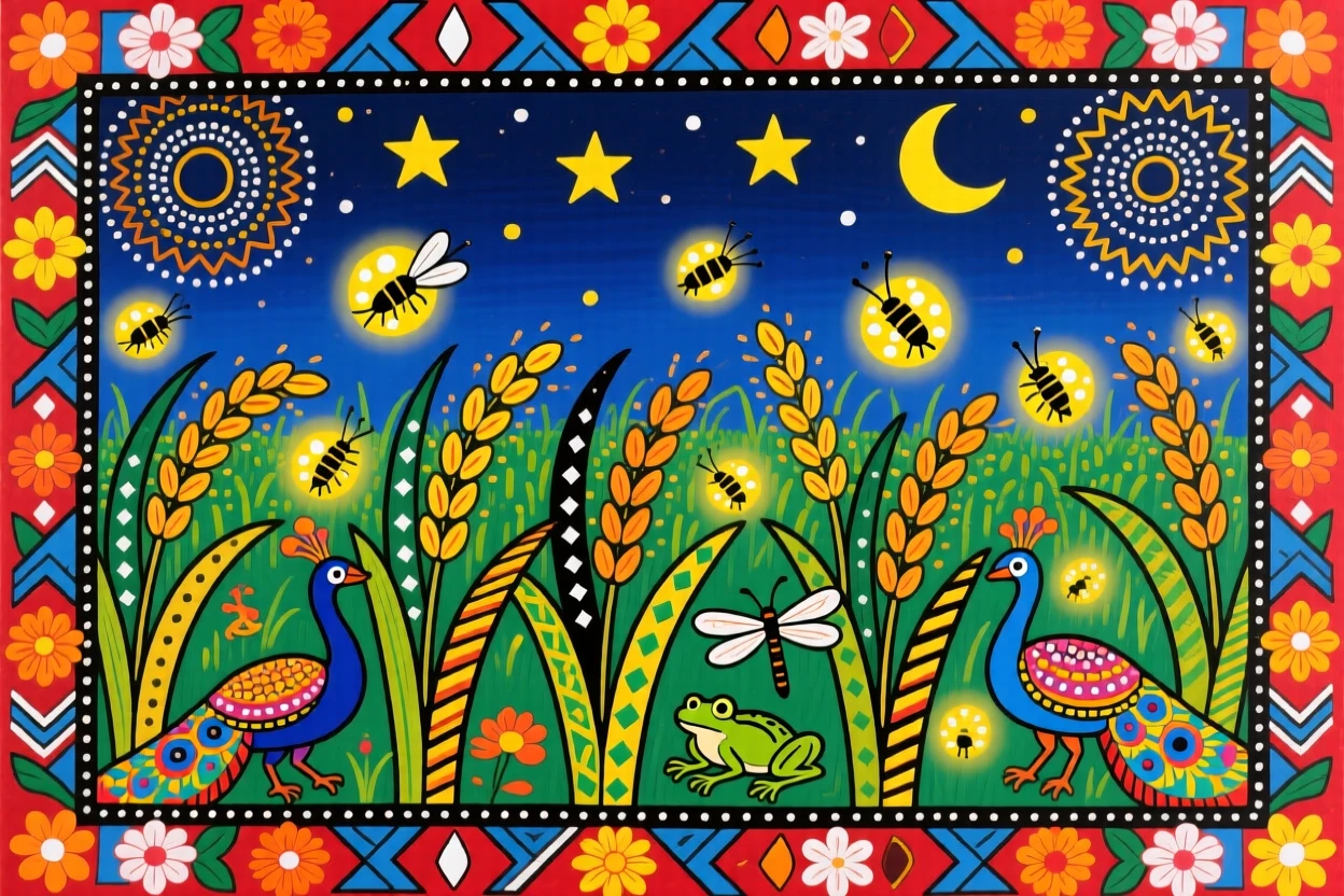 Fireflies glowing above a rice field on a warm summer night.