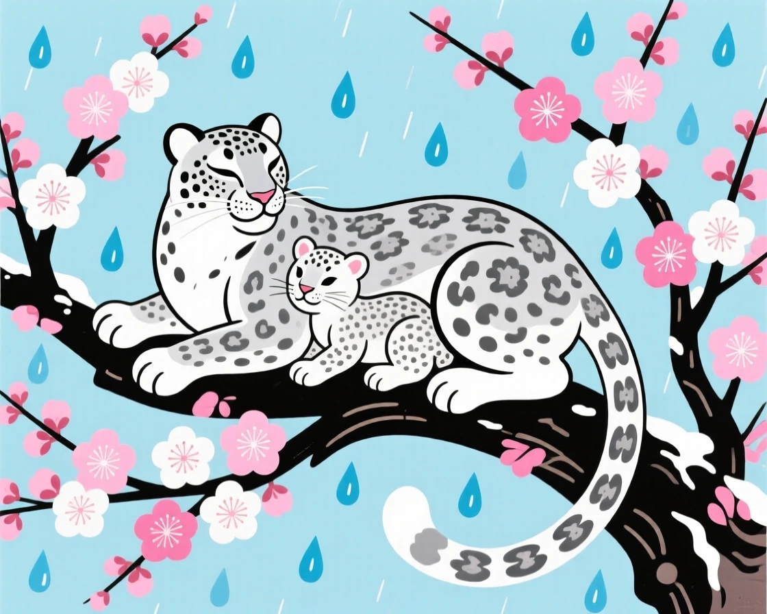 A snow leopard with its young on a blossoming plum branch, during a gentle spring rain.