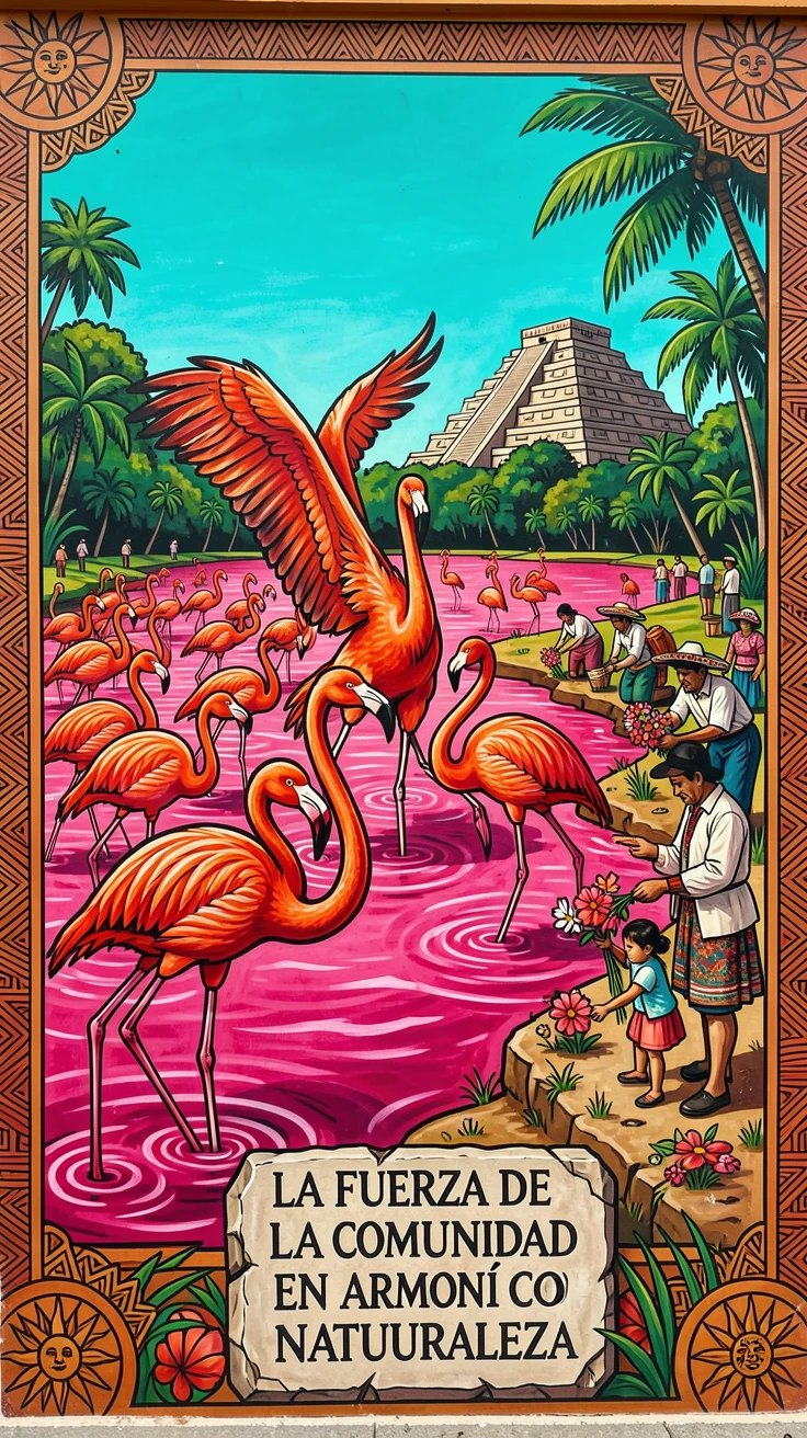 A flock of flamingos wading in a shallow pink lagoon