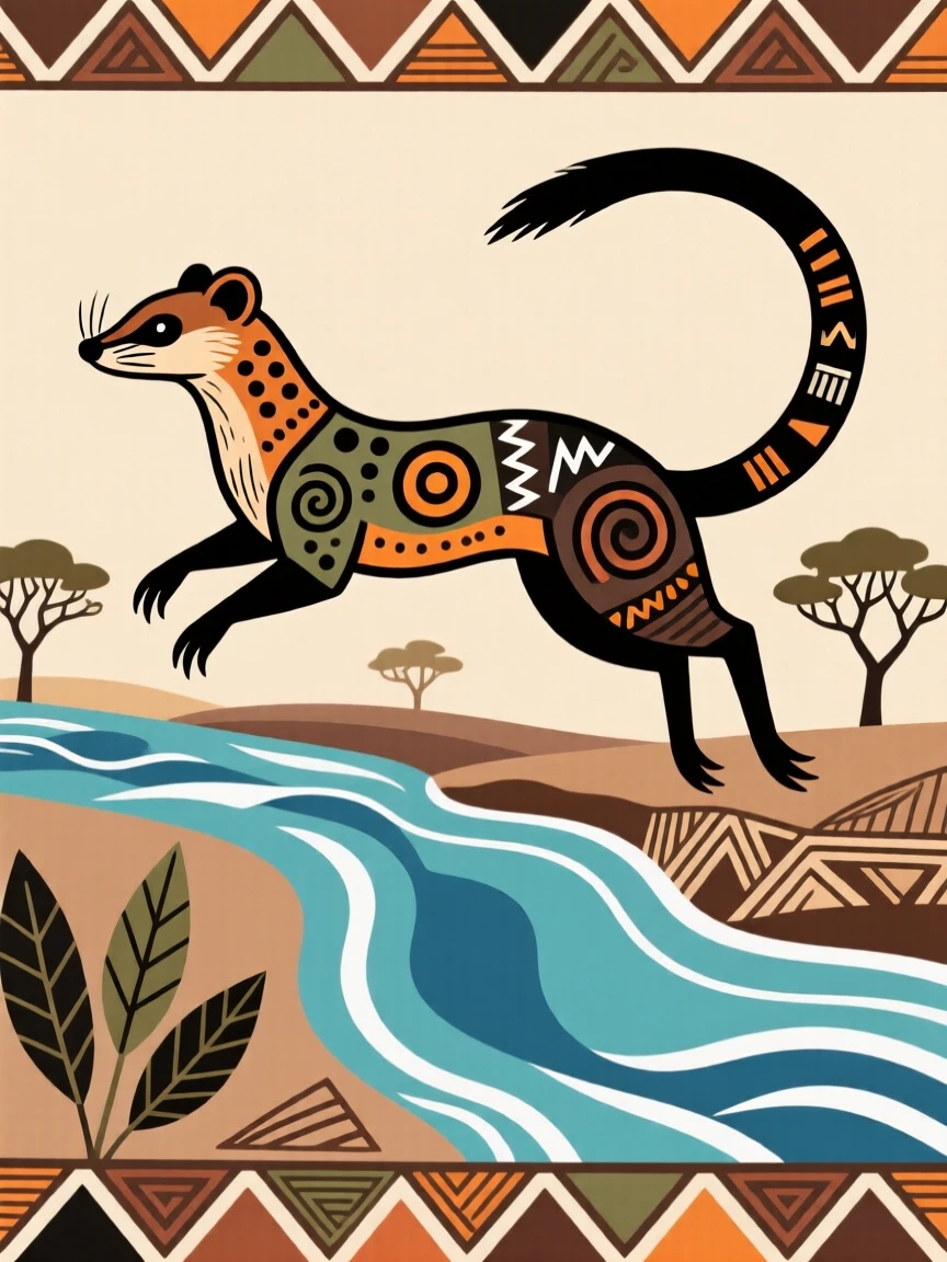 A mongoose leaping across a stream.