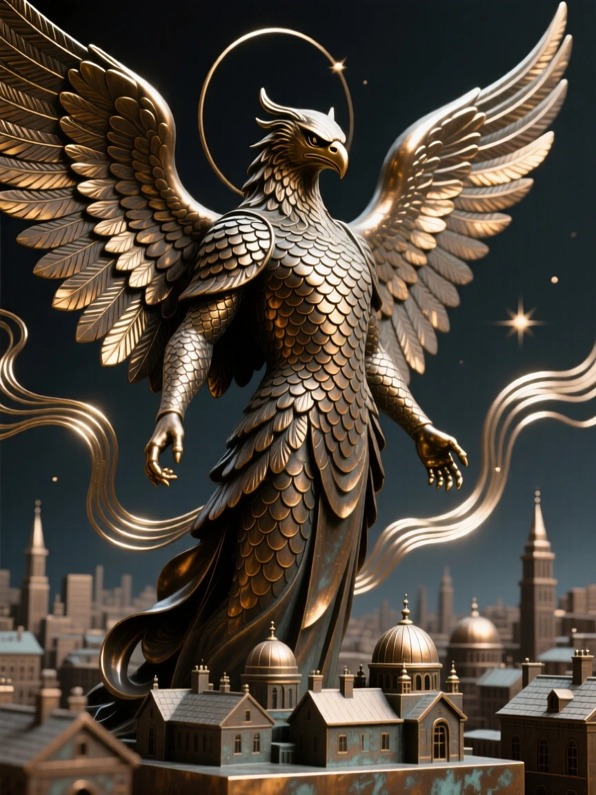 A celestial guardian standing watch over a sleeping city, with intricate scale and feather detail, radiating awe and grandeur