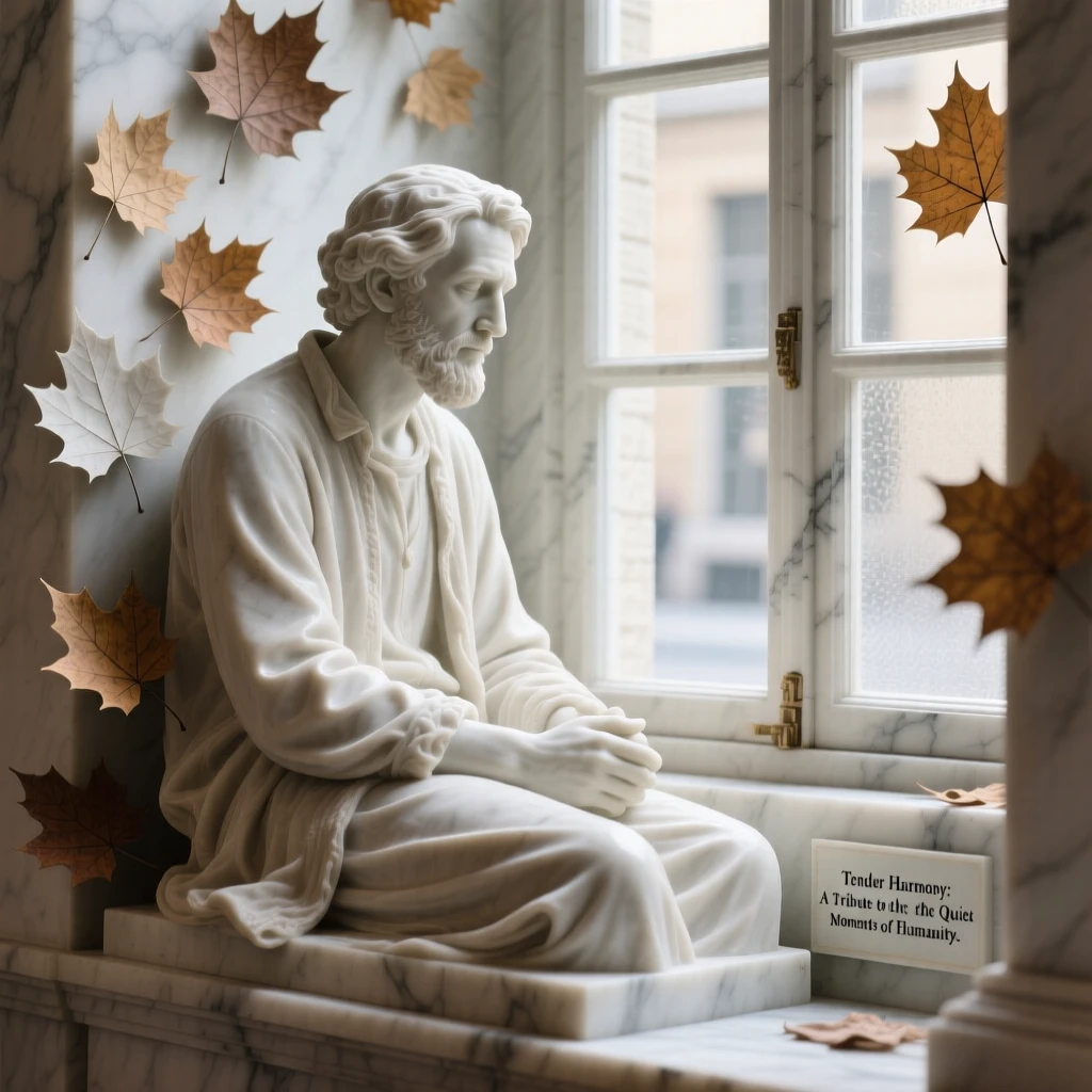 A tender portrait of a street musician, sitting quietly by a window, surrounded by drifting autumn leaves, evoking warmth and humanity