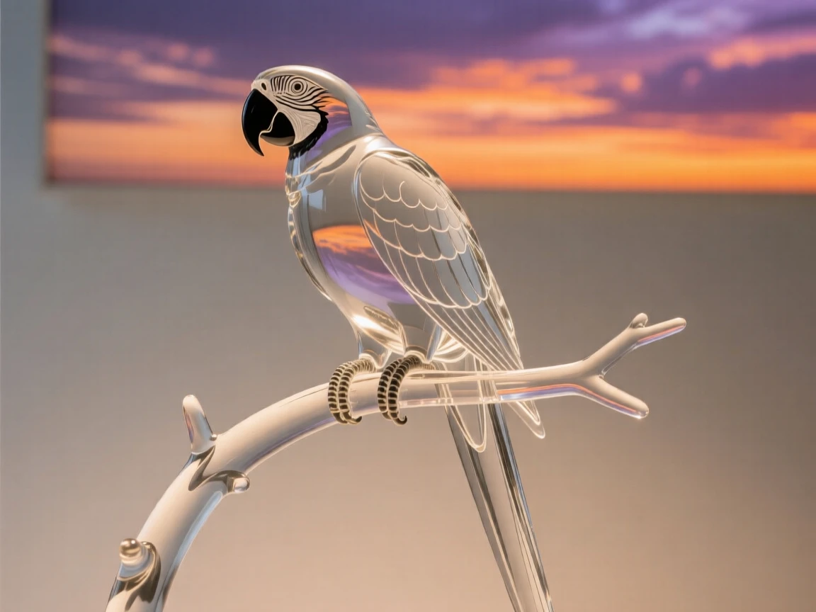 A macaw silhouetted against a dramatic sunset sky over rolling hills, warm orange and purple tones creating a serene, cinematic mood.