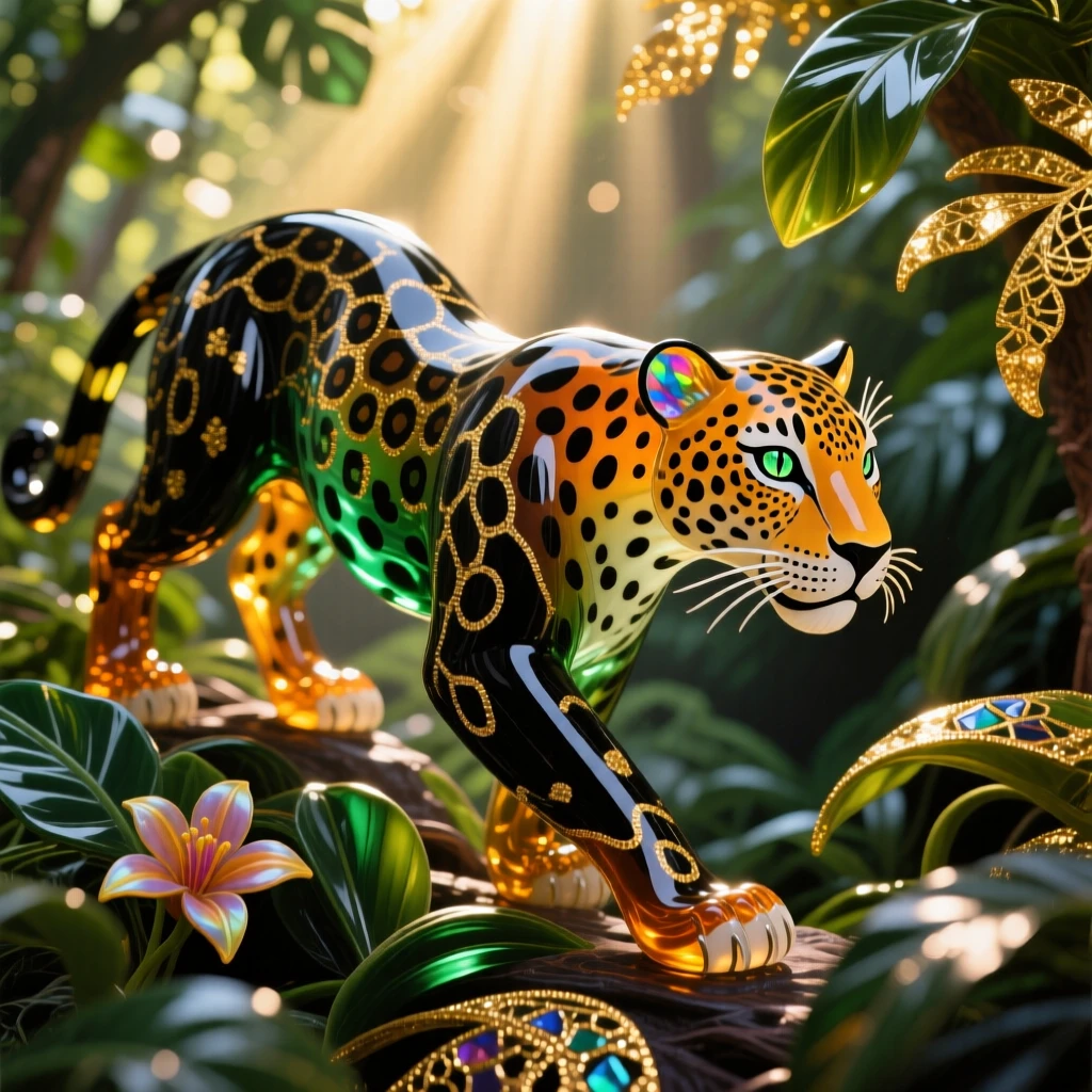 A jaguar prowling through dense jungle foliage lit by shafts of sunlight, powerful and mysterious.