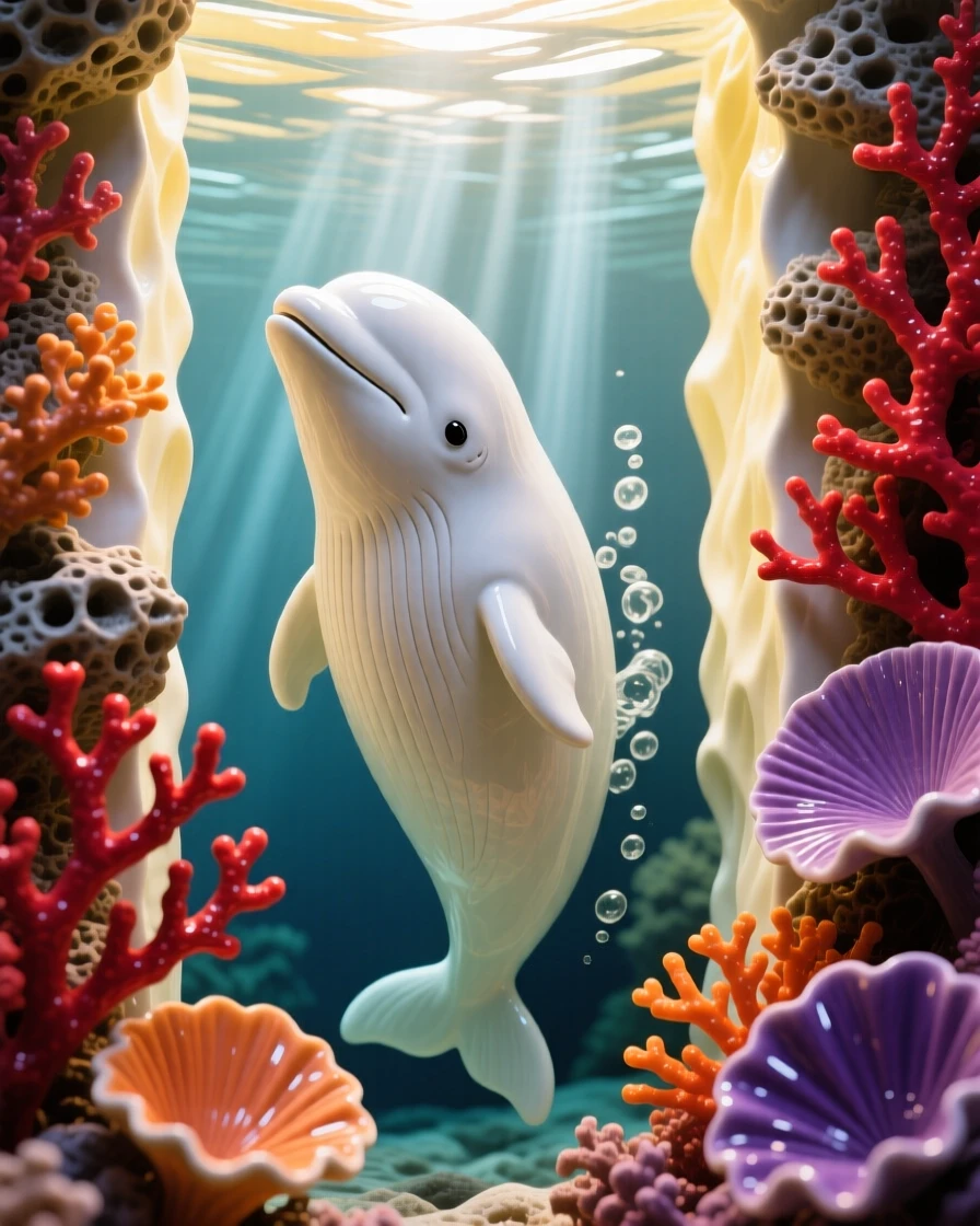 A beluga whale surfacing for air suspended in a shaft of filtered sunlight, framed by vibrant coral formations, conveying calm, fluid tranquility.