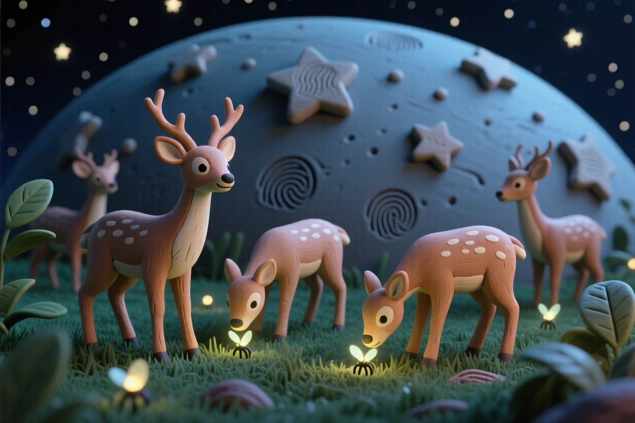 A firefly-lit meadow where deer graze quietly under a starry sky