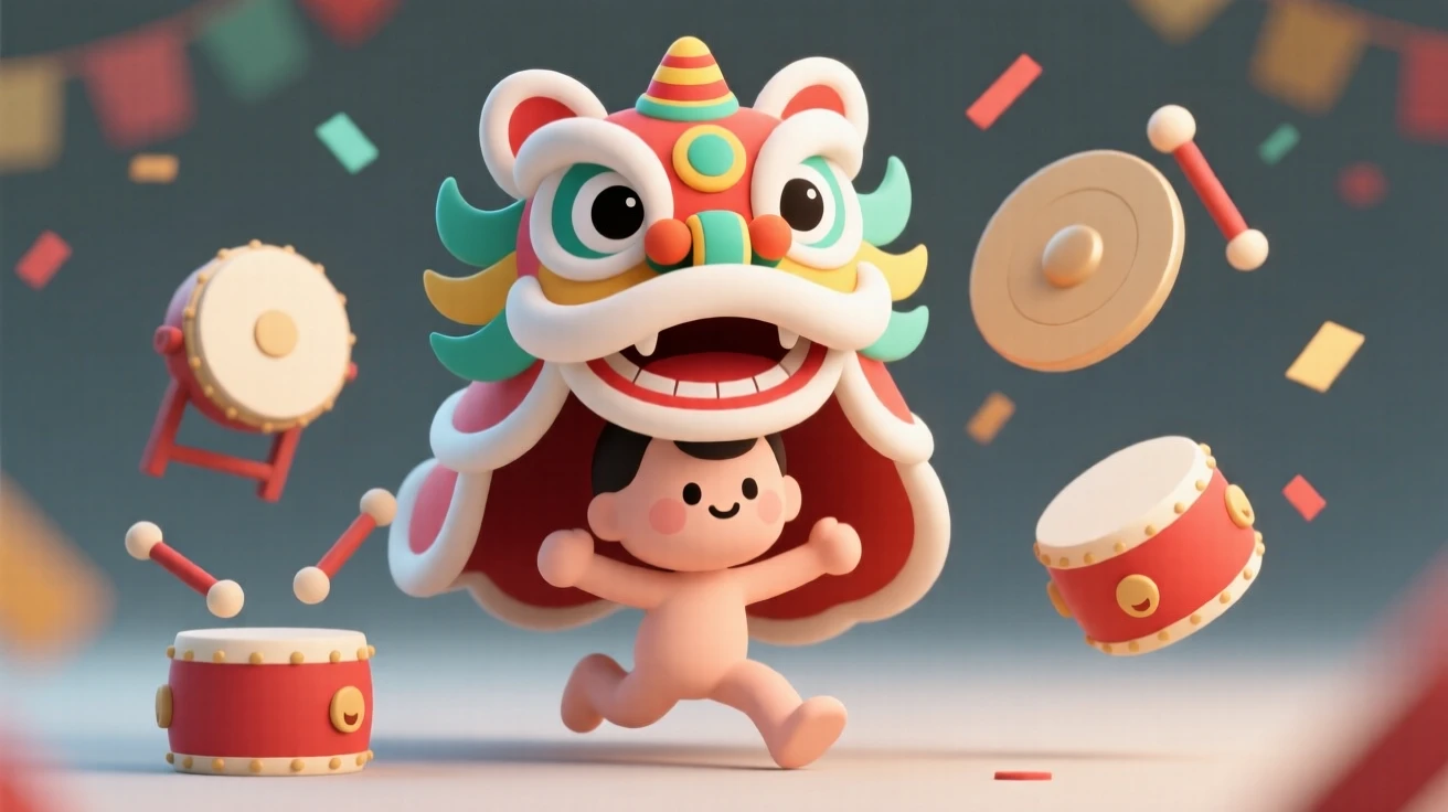 A traditional Chinese lion dance performer leaps beneath a colorful lion costume, drums and cymbals crashing during a lively festival.