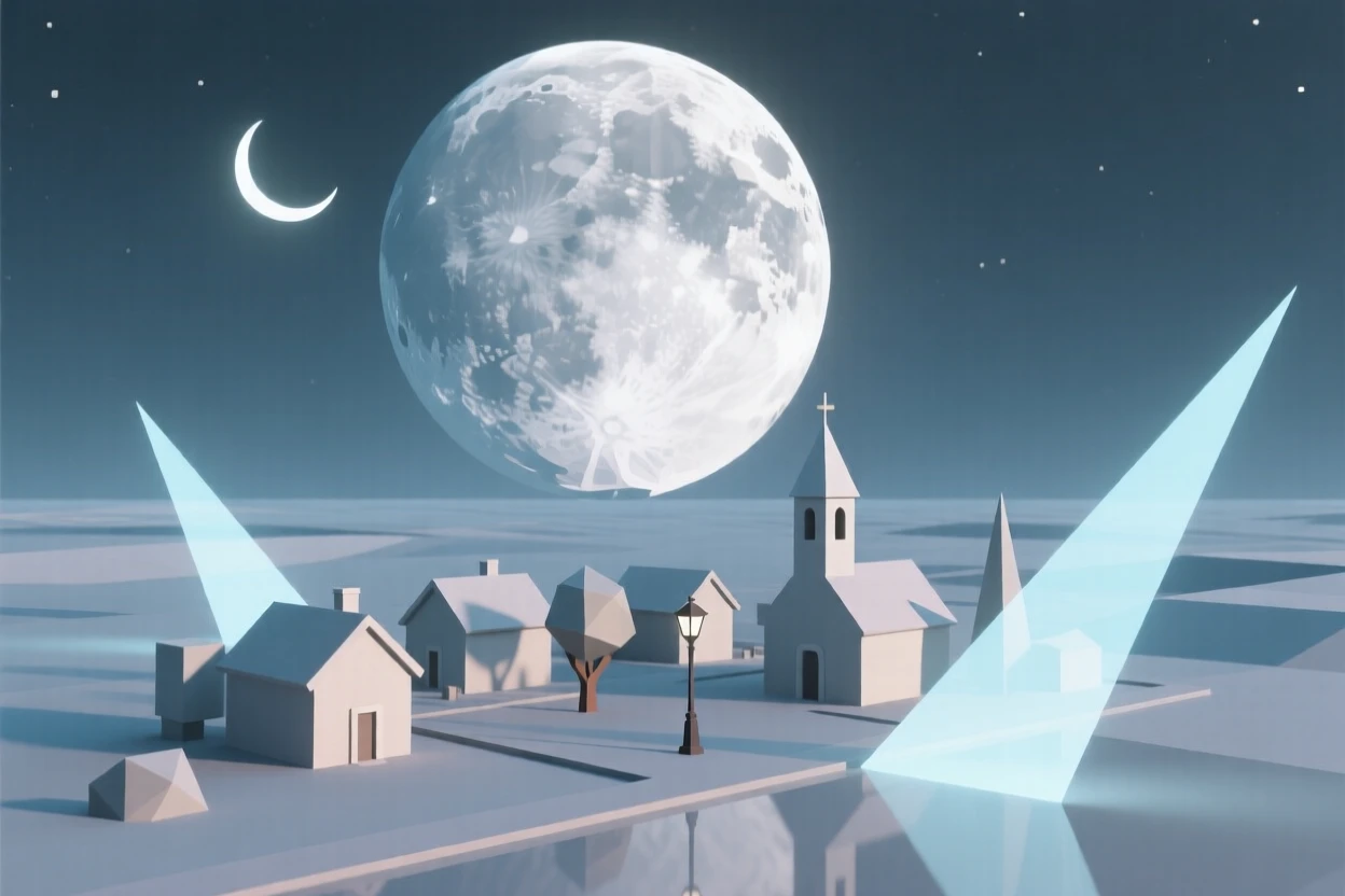 A giant moon looming impossibly close over a quiet village, amid a vast, silent expanse of space. reflections and light rays add a layer of visual depth. The mood feels futuristic and full of possibility.