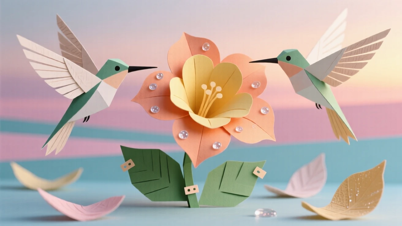 A pair of hummingbirds hovering beside a blooming trumpet flower at dawn, their wings a blur of motion, morning dew glistening on nearby petals, capturing delicate energy.