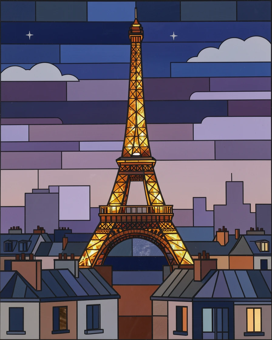 The Eiffel Tower glowing at twilight above the rooftops of Paris.