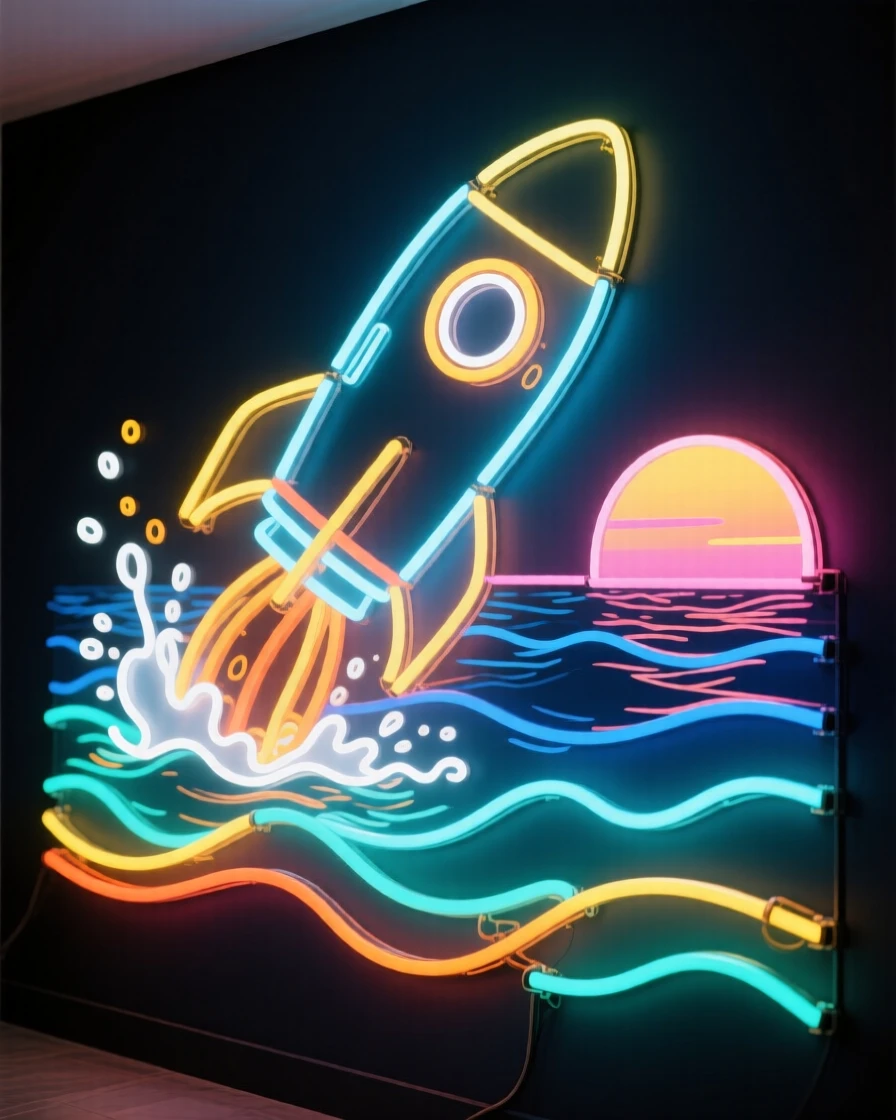 A rocket capsule splashing down in the open ocean at sunrise.