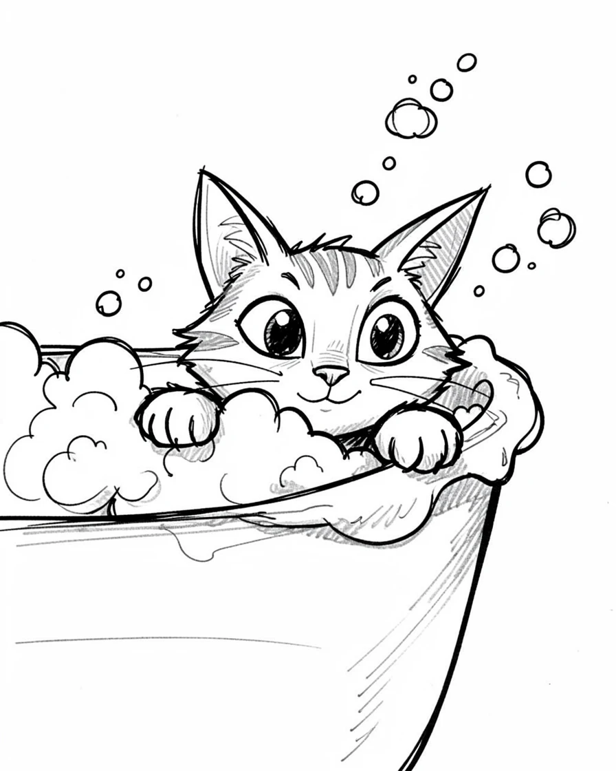 A ginger cat peeking over the edge of a bathtub full of bubbles.