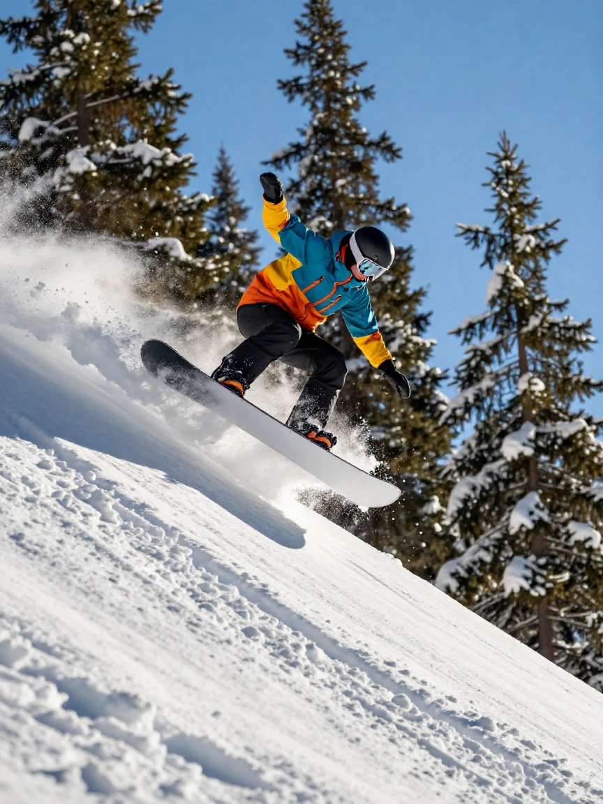 A snowboarder launching off a powder-covered jump