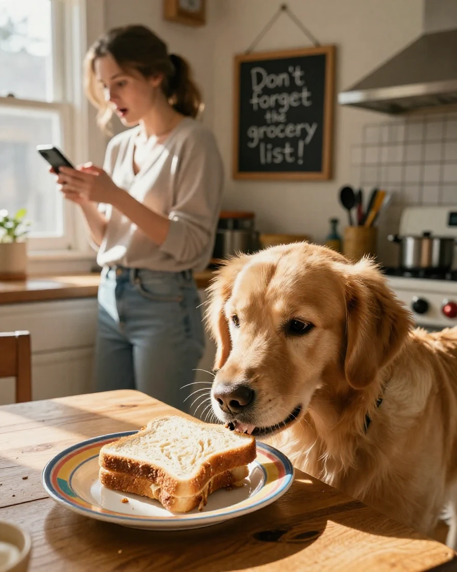 A dog steals the last bite of a sandwich the moment its owner looks away.