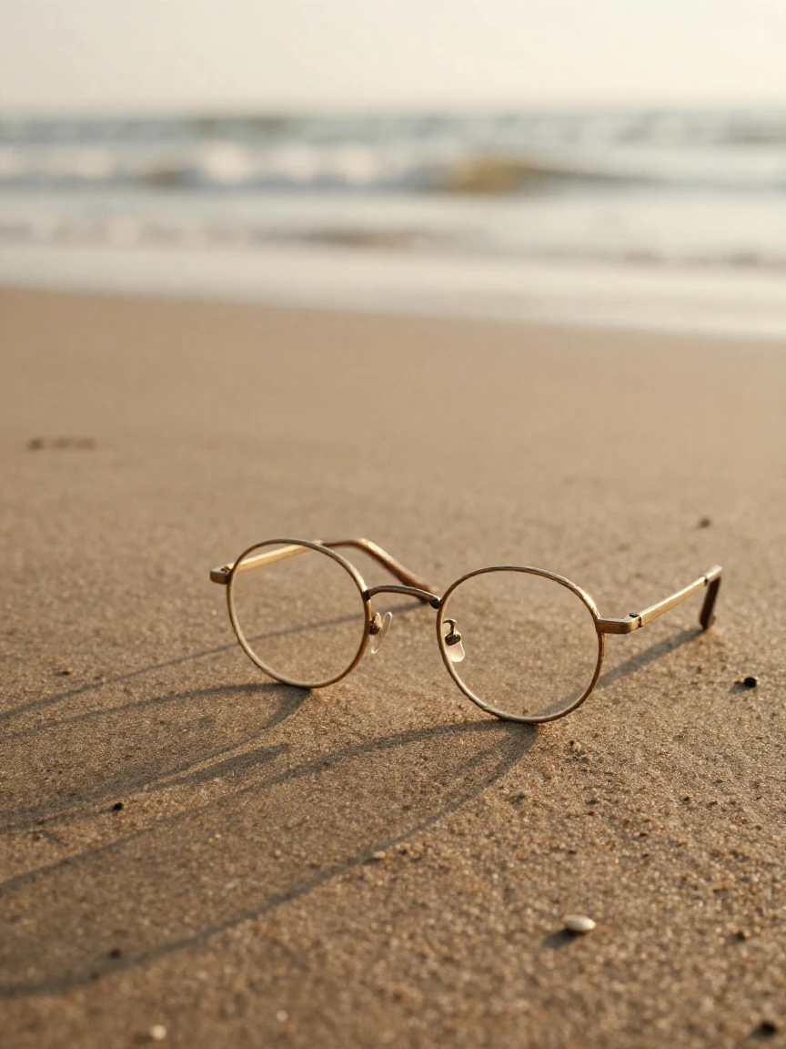 A pair of antique reading glasses placed gently on a sandy shore, quietly telling its own small story