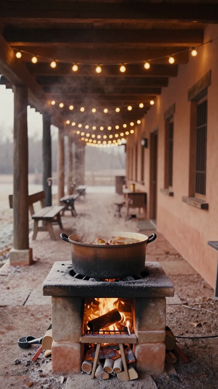 A pot of stew simmering gently over an open hearth fire, under strings of warm string lights, with frost coating every surface, during the long days of summer, in earthy terracotta and ochre shades, framed symmetrically down a long corridor.
