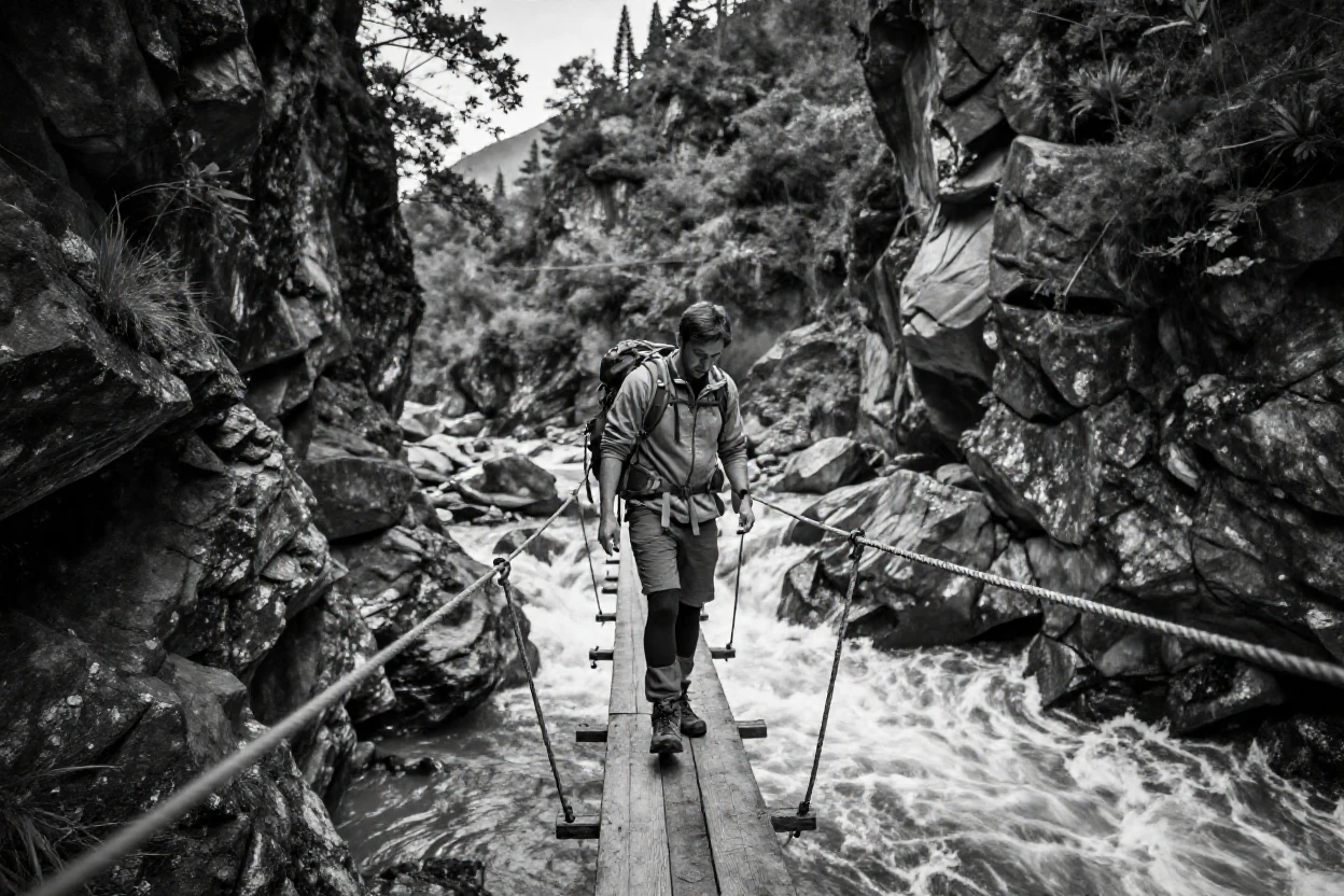 A hiker crosses a rope bridge over a gorge above a rushing mountain river.