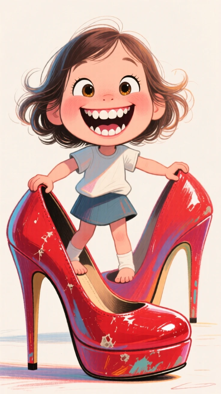 A little girl with a gap-toothed grin proudly wearing her mother's oversized high heels.