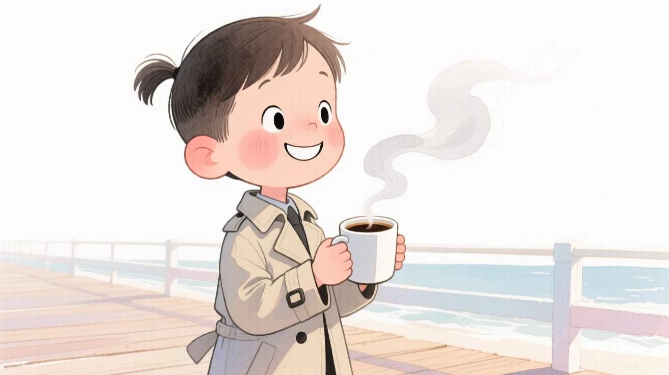 A little boy with a neat low ponytail, smiling warmly, wearing a classic trench coat and holding a steaming mug of coffee, on a breezy seaside boardwalk
