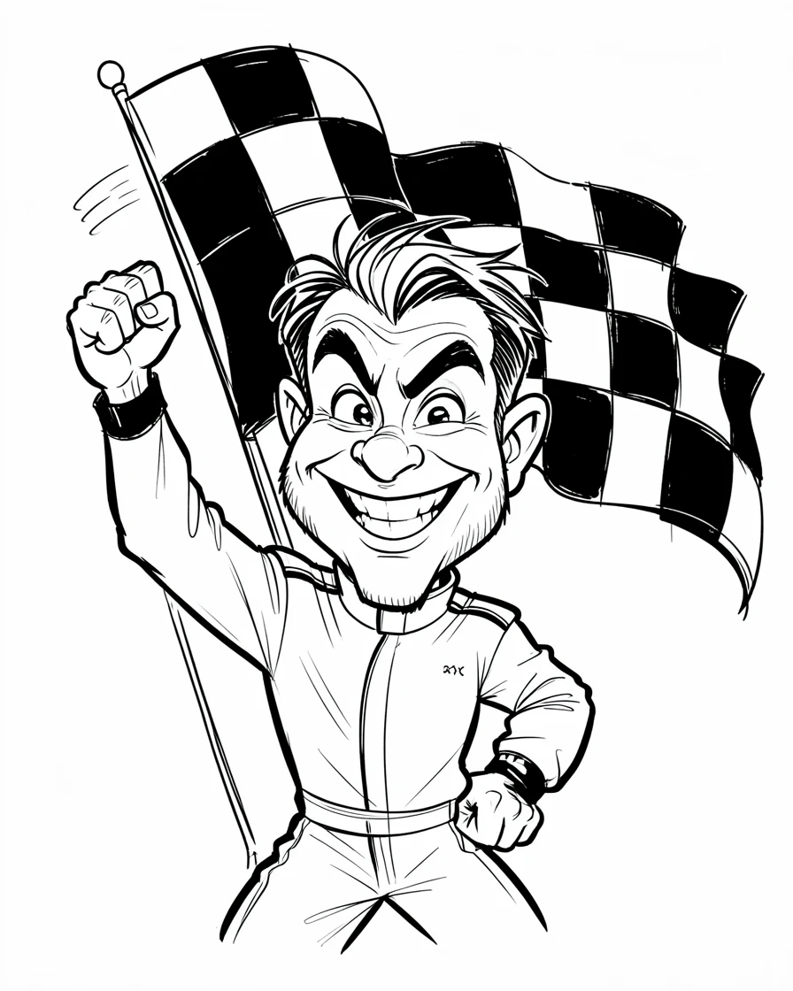 [People Portraits & Characters] Portrait of a bold race car driver pumping a fist beside a checkered flag, full of personality and charm