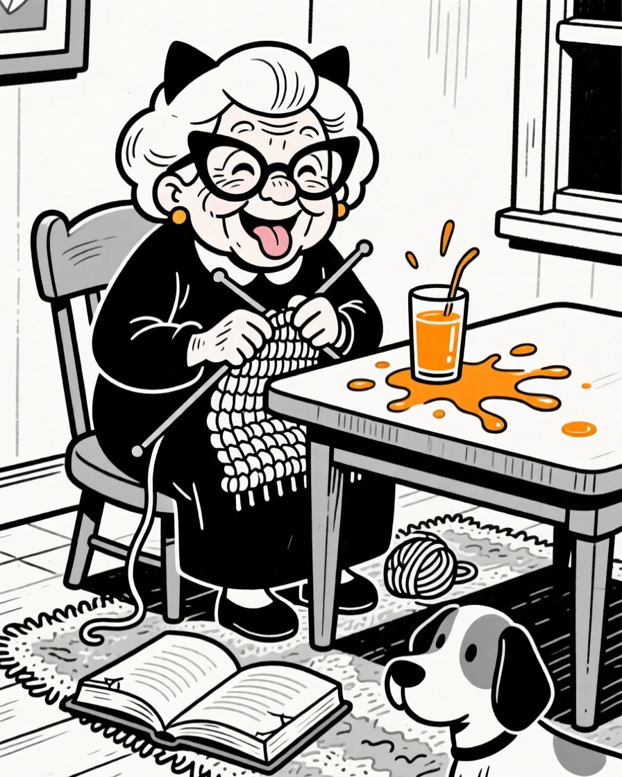 A grandmother knitting with cat-eye glasses sliding down her nose, sticking out a tongue playfully at the camera, set at a breakfast nook with orange juice spilled nearby. A dog-eared storybook lies open on the rug. It feels like a memory worth framing forever.