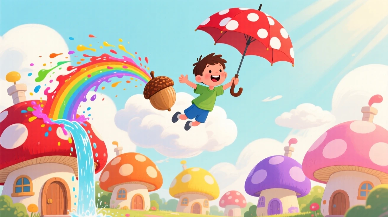 A boy who shrank to the size of an acorn delights in flying through the clouds using an umbrella, tucked within a neighborhood of mushroom-cap houses, with color spilling from every rooftop.