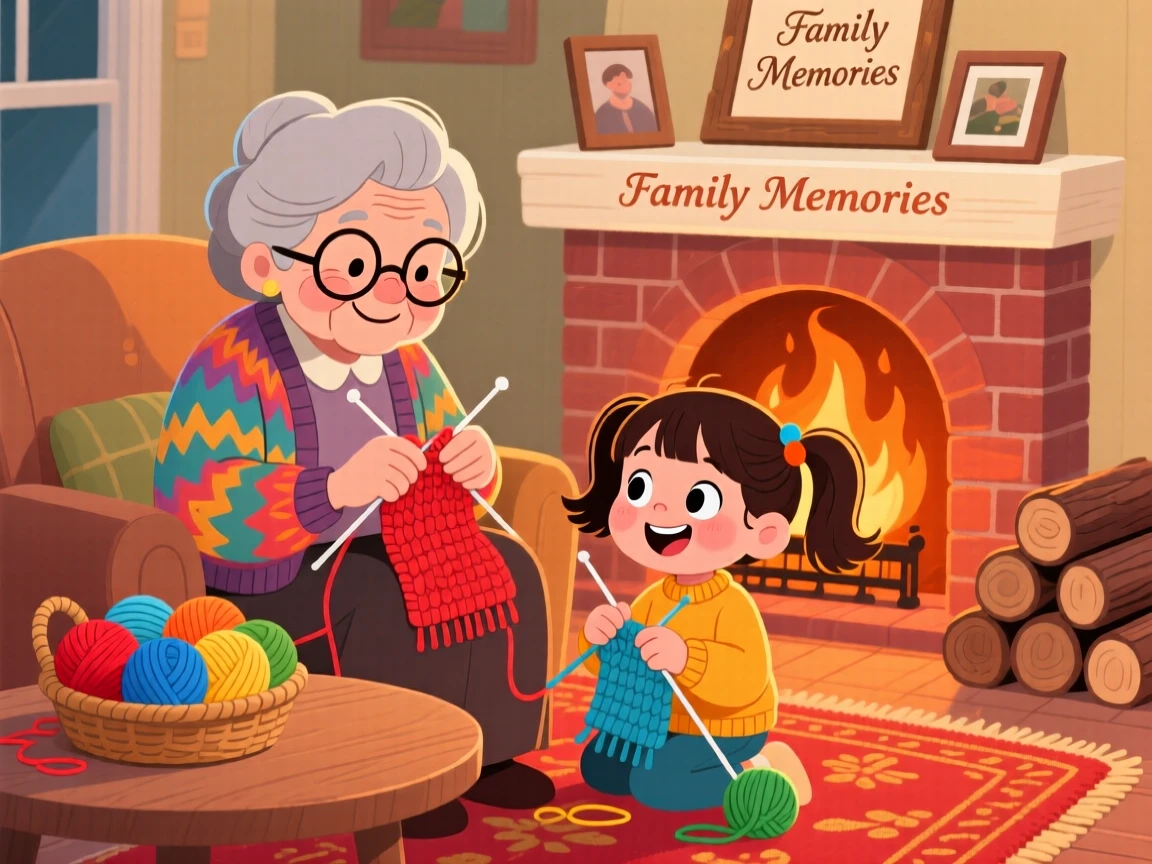 A grandmother teaching her granddaughter to knit by the fireplace.