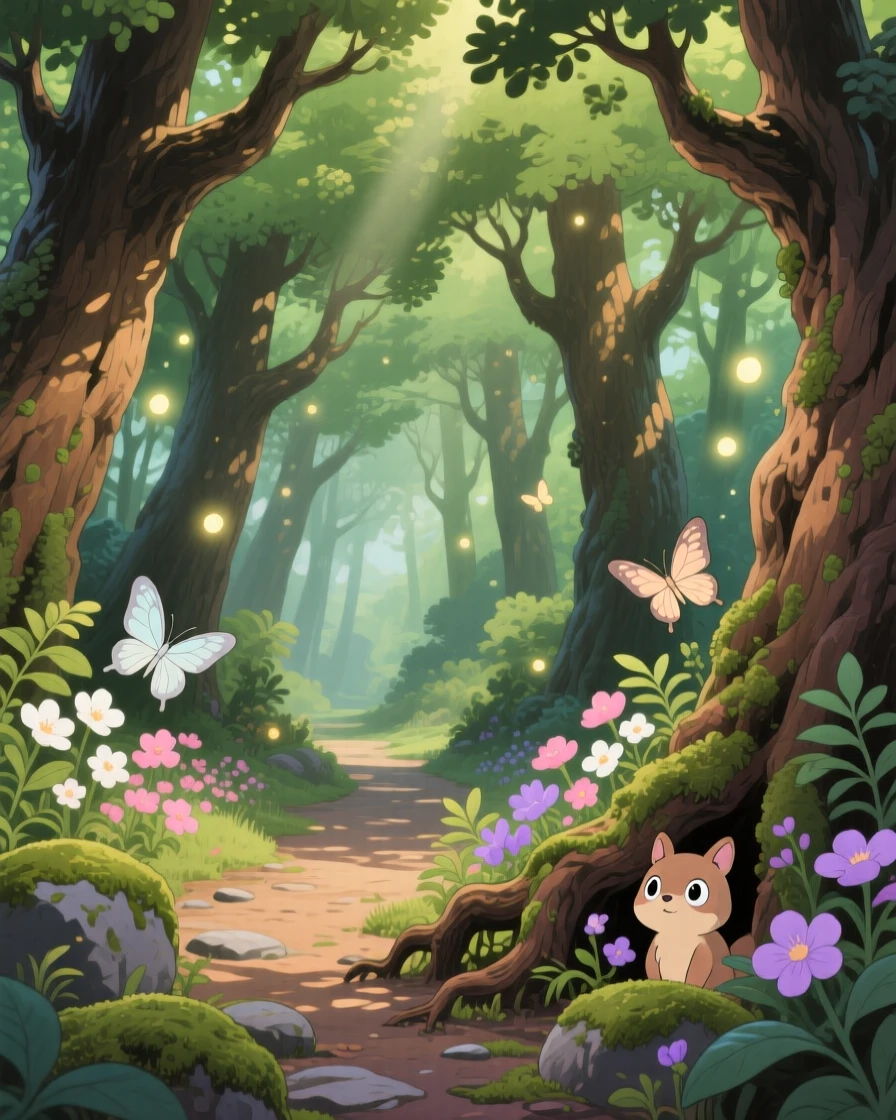 A forest path lined with towering ancient trees, butterflies drifting between blossoms, creating a scene of quiet natural magic.