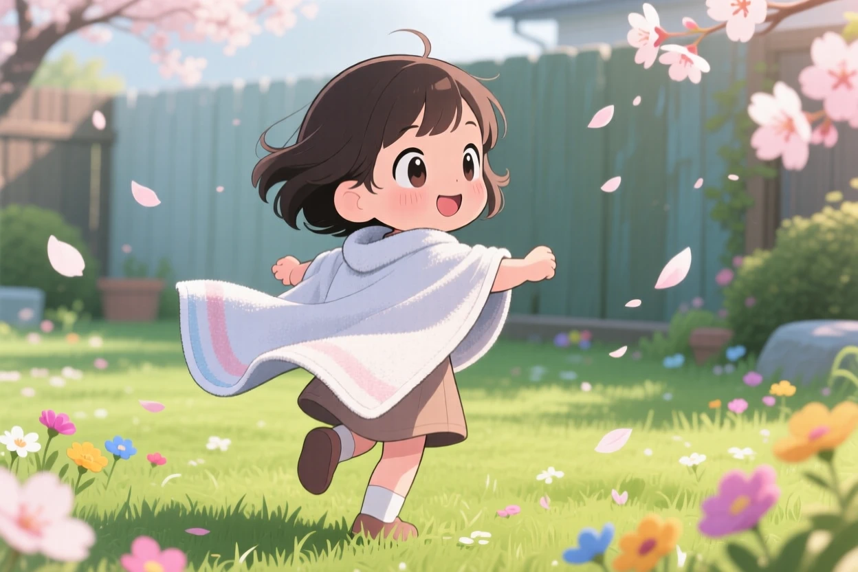 Over-the-shoulder view: a little girl, twirling in a homemade cape made from a towel, set against a sunny backyard as cherry blossom petals drift on the breeze, with diffused overcast light and a mood of proud determination.