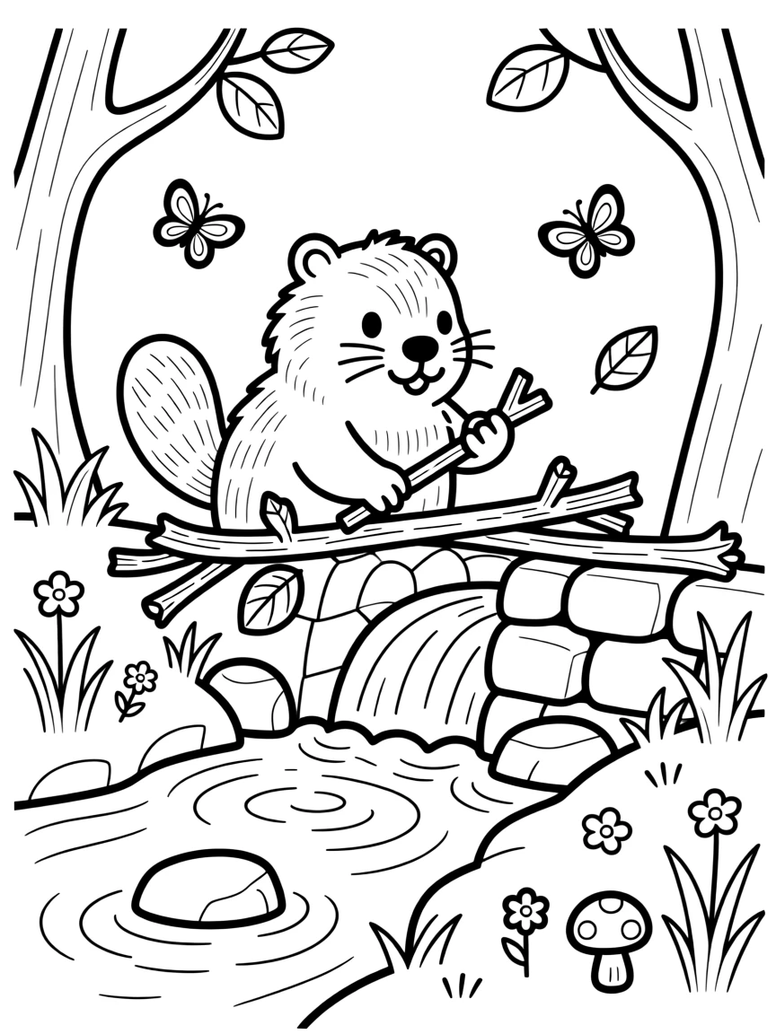A baby beaver building a small dam across a stream