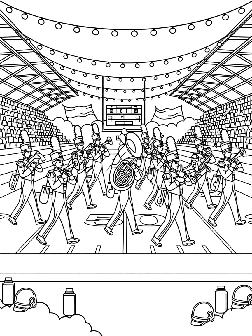 A marching band performing on a football field, with string lights strung across the ceiling.