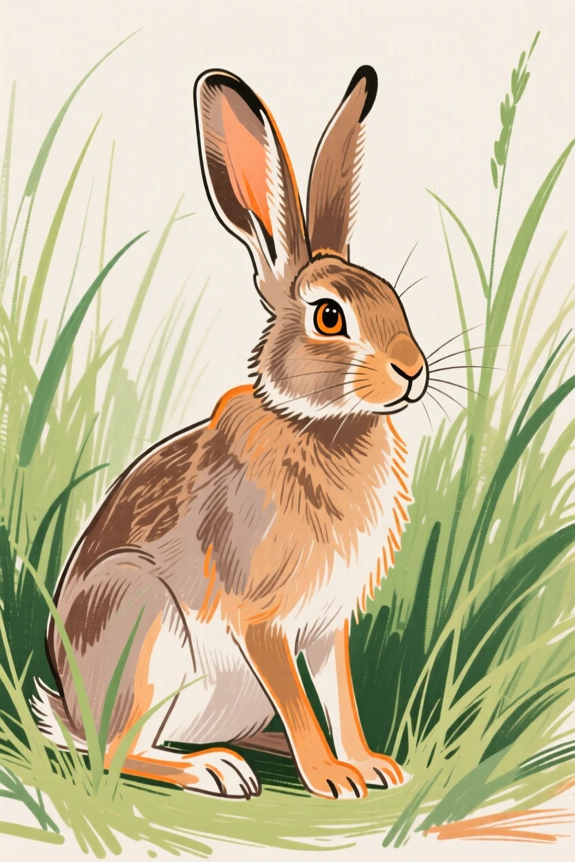 A jackrabbit sitting alert in tall grass.