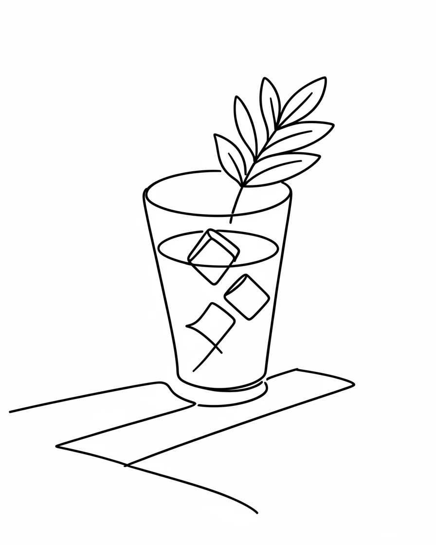 A glass of iced lemonade with a mint sprig on a summer patio table