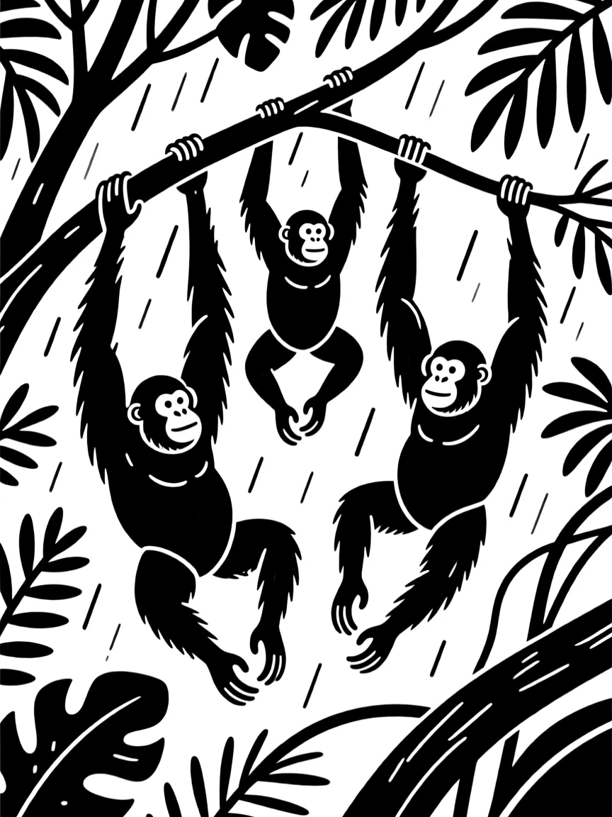 A group of orangutans swinging through a dense rainforest canopy.