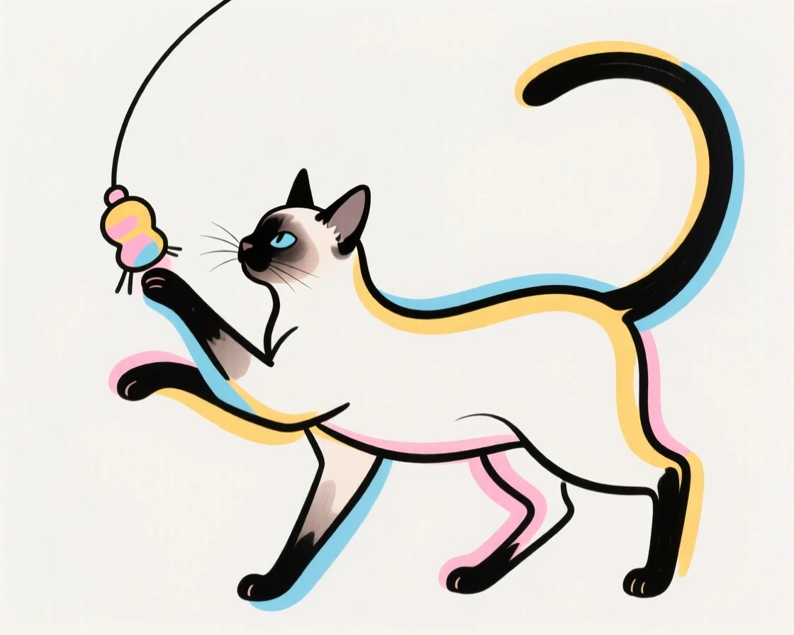 A Siamese cat batting playfully at a dangling toy.
