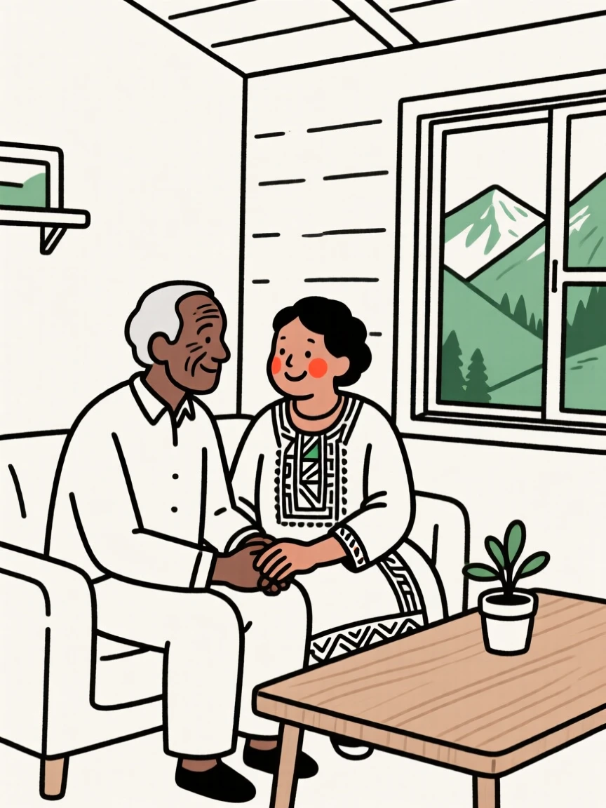 An elderly couple of Ethiopian heritage gathering for a summer reunion, in a mountain cabin.