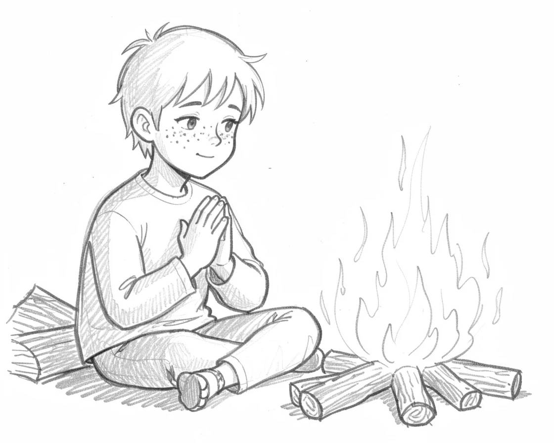 A tender portrait of a mischievous freckled boy, with hands folded in prayer, beside a crackling campfire.