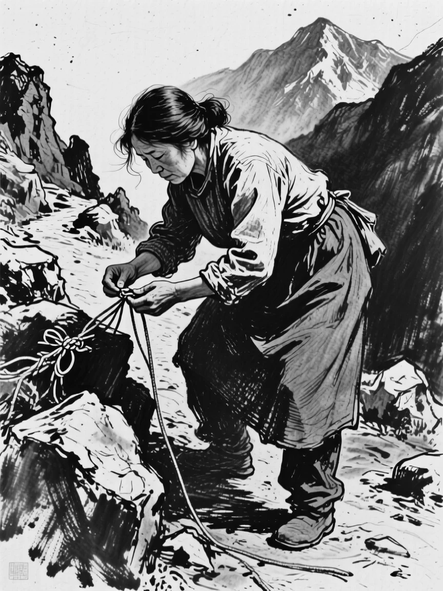 A mother working intently with focused concentration, on a mountain trail.