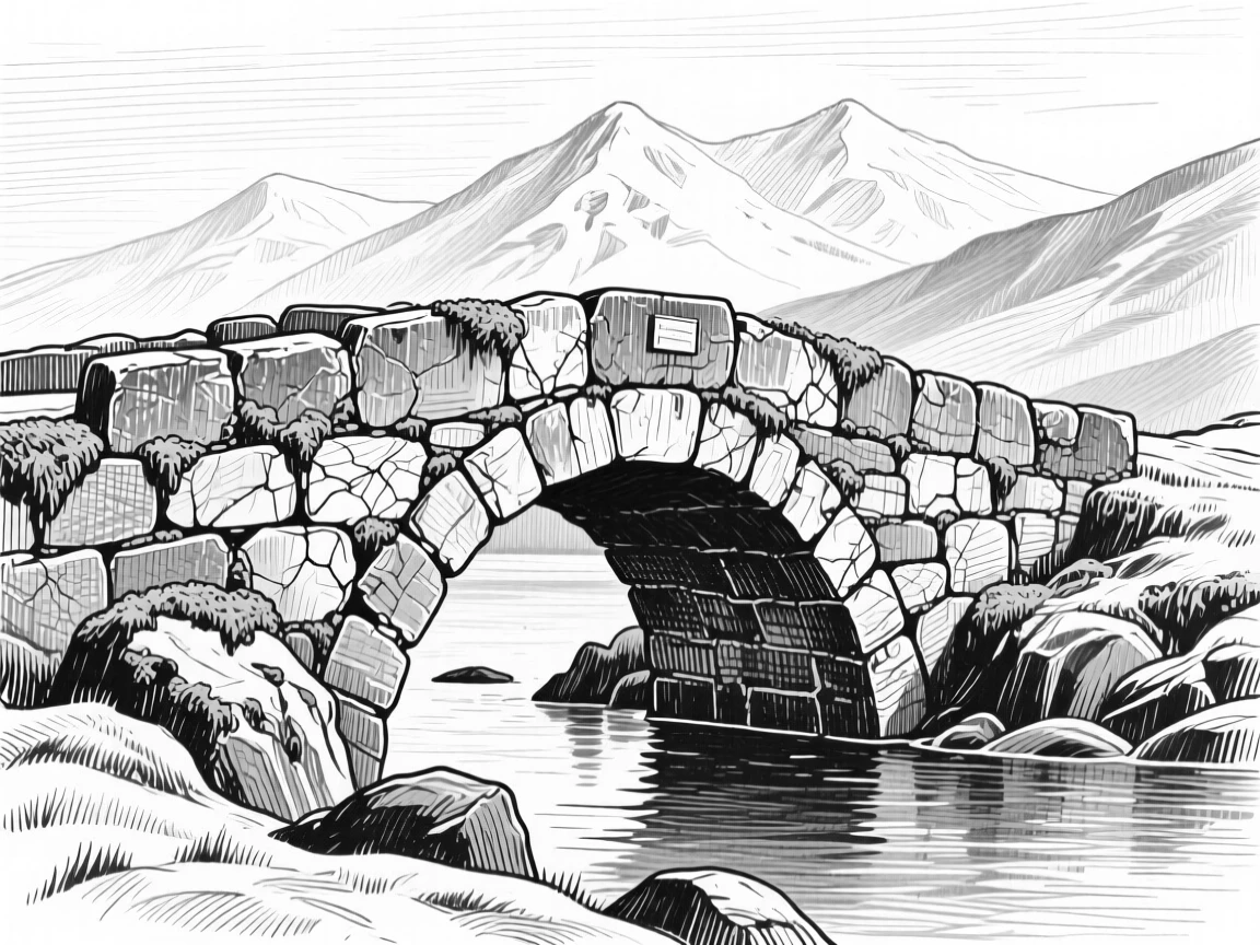 A weathered stone bridge surrounded by distant snow-capped peaks, with patches of moss clinging to weathered rock, evoking a serene and contemplative atmosphere in a wide, balanced composition.