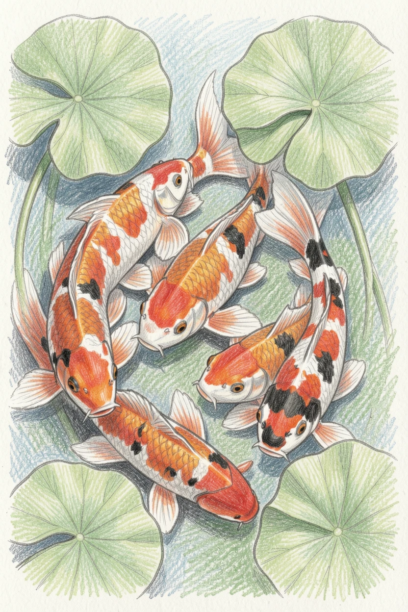 A school of colorful koi swimming beneath lily pads, with delicate details in the fur and expressive eyes, evoking comfort, loyalty, and quiet companionship.