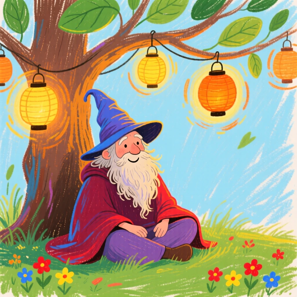 A wandering wizard sitting beneath a tree of glowing lanterns.