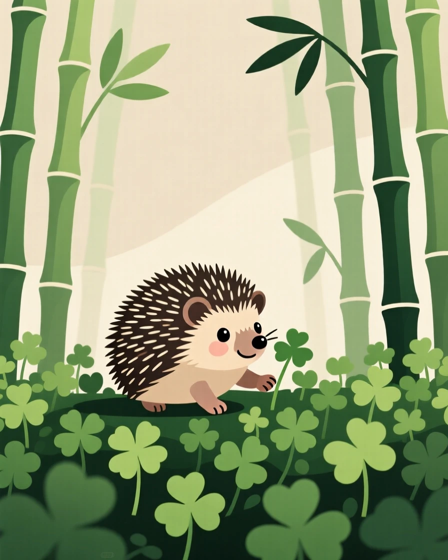 A baby hedgehog exploring a patch of clover, framed by towering bamboo stalks in a peaceful grove, arranged in a balanced symmetrical composition, with a sense of playful curiosity captured perfectly.